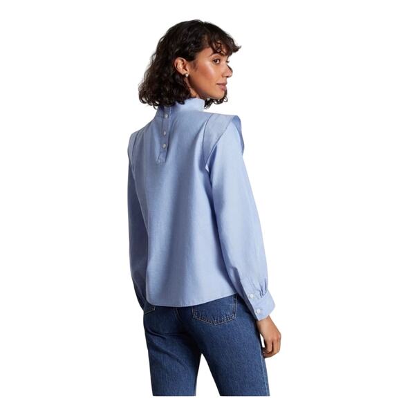 NWT EVERLANE Women’s Blue Wing Shoulder Bishop Sleeve Stand Collar Top - Picture 2 of 6